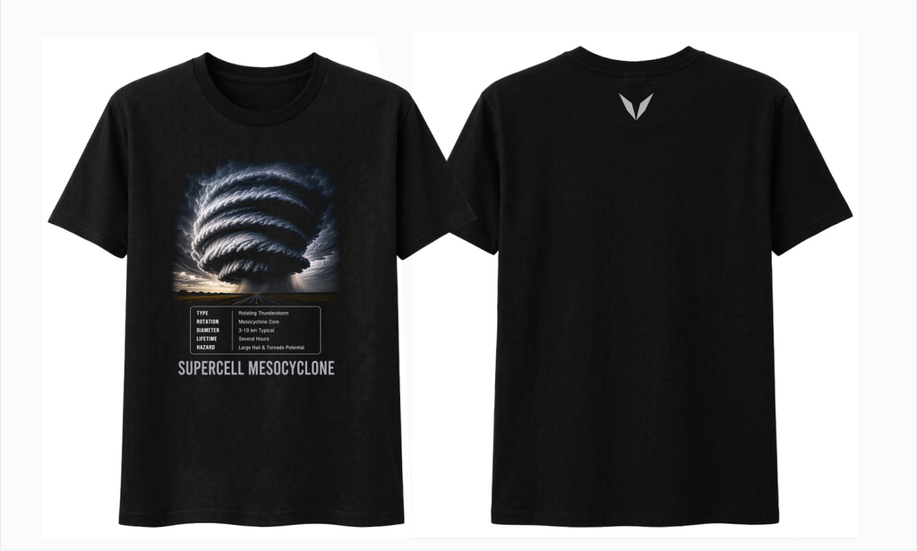 Front and back preview of Voltare Supercell Mesocyclone black tee with storm artwork, fact panel and light-grey Voltare V logo