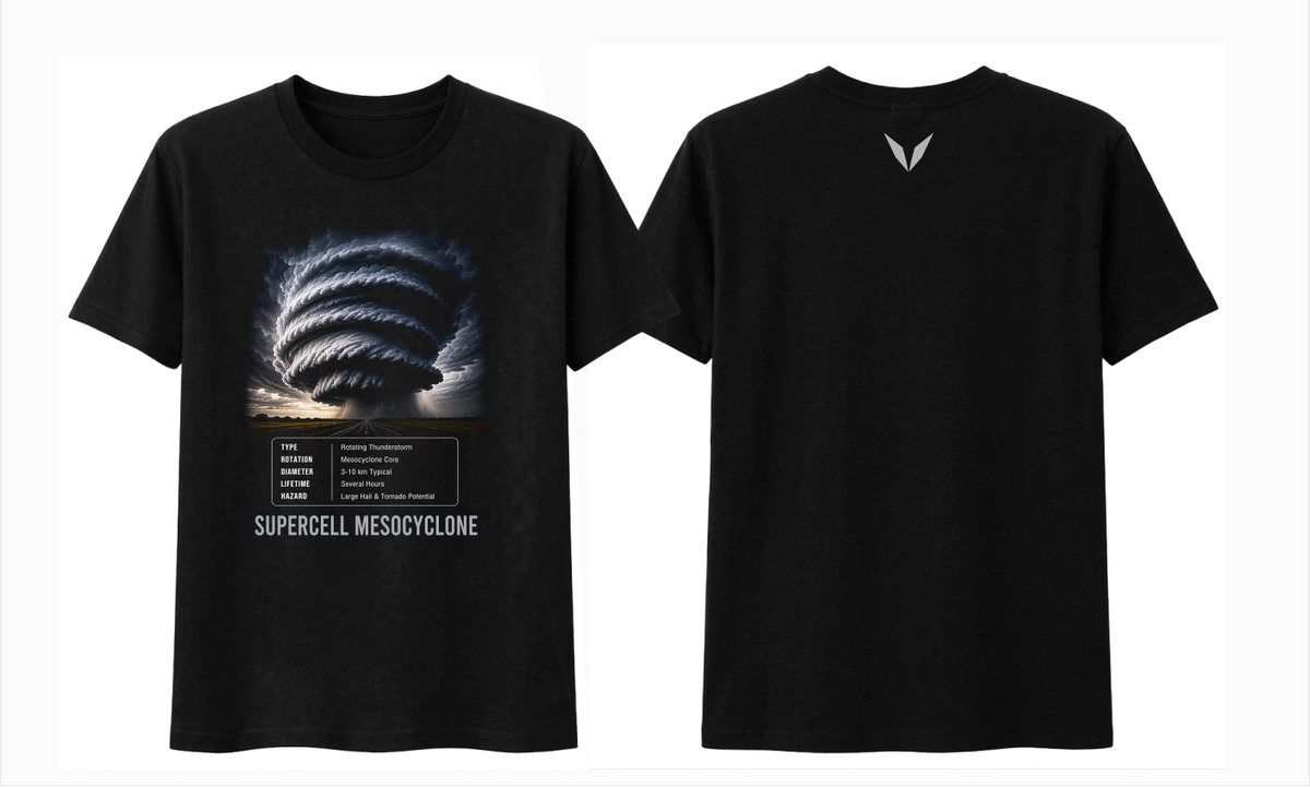 Front and back preview of Voltare Supercell Mesocyclone black tee with storm artwork, fact panel and light-grey Voltare V logo