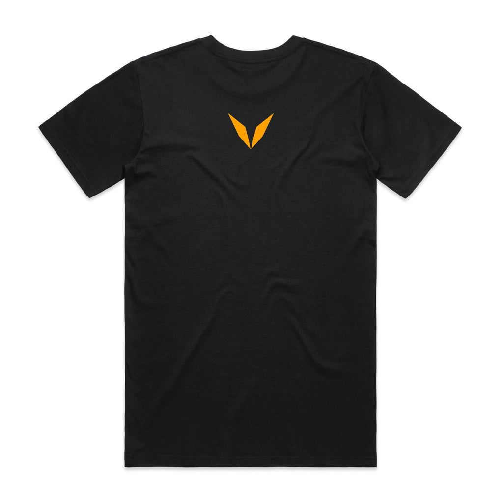 Voltare System Overload black tee back with orange-yellow Voltare V between the shoulders