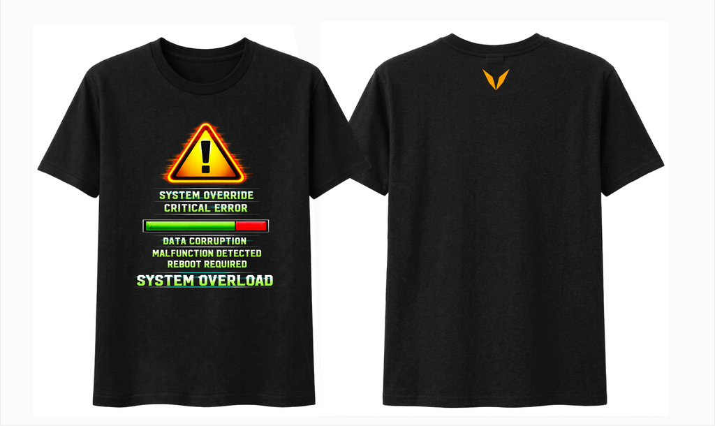 Voltare System Overload black tee showing front warning graphic and back orange-yellow V logo