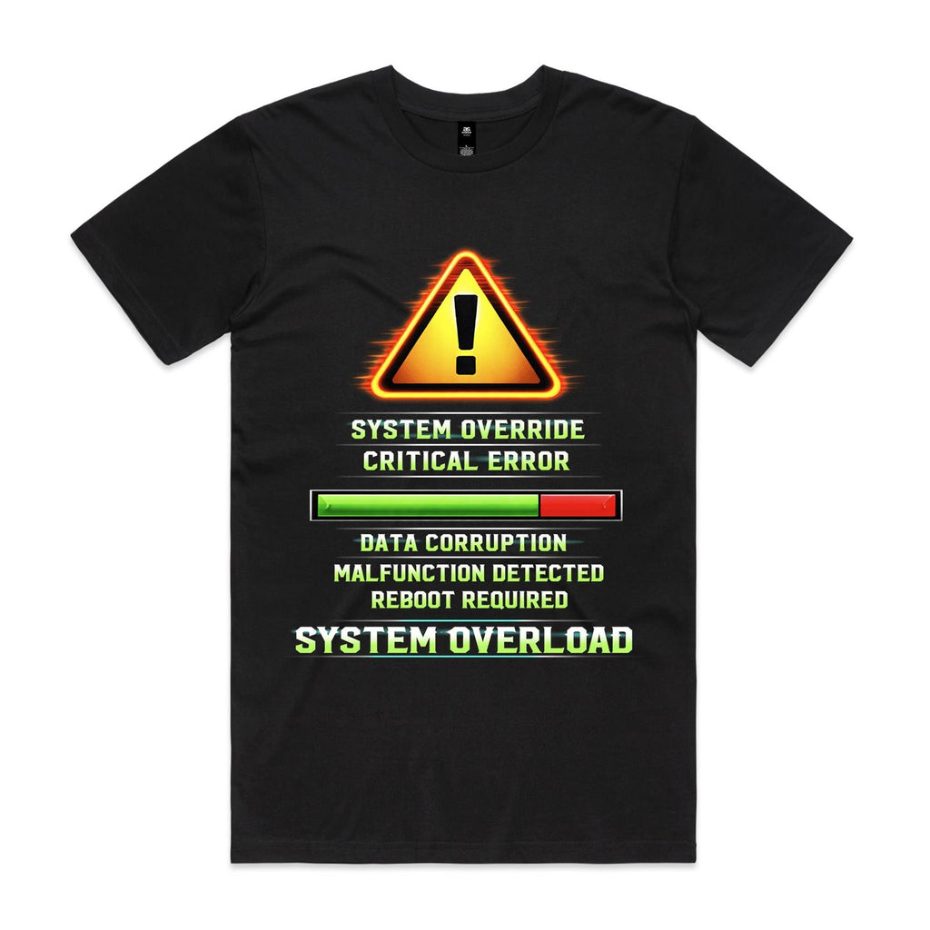 Voltare System Overload black tee front with yellow warning triangle, status bar and computer-error lettering