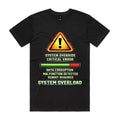 Voltare System Overload black tee front with yellow warning triangle, status bar and computer-error lettering