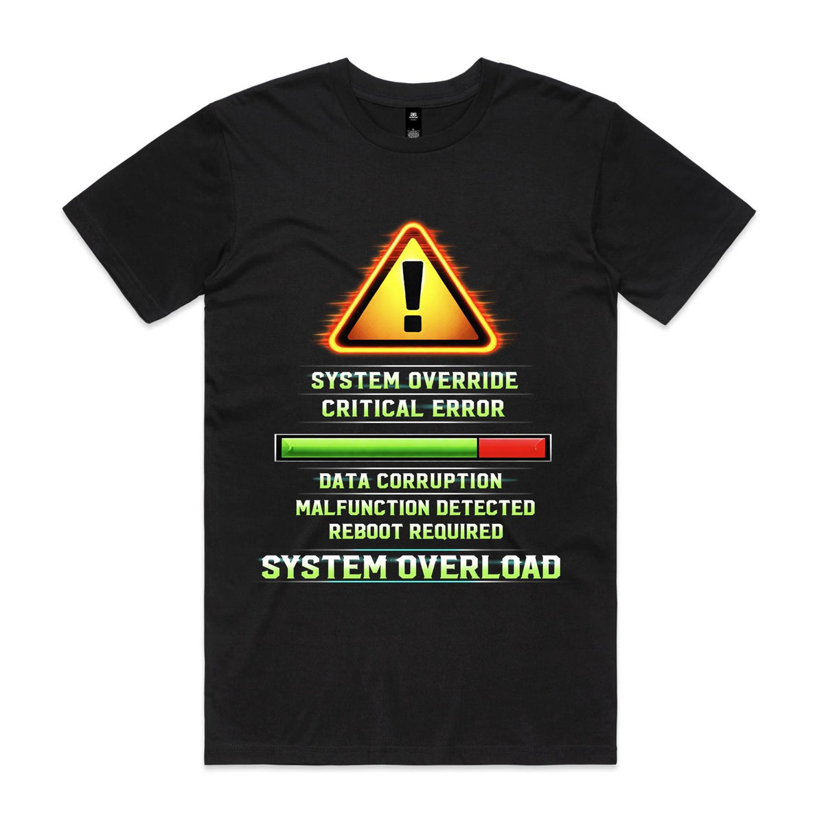 Voltare System Overload black tee front with yellow warning triangle, status bar and computer-error lettering