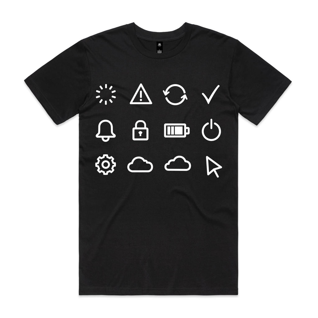 Front of the Black Voltare System Status Tech tee with twelve white interface icons including loading, warning, refresh, tick, notification, settings and a cursor