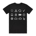 Front of the Black Voltare System Status Tech tee with twelve white interface icons including loading, warning, refresh, tick, notification, settings and a cursor