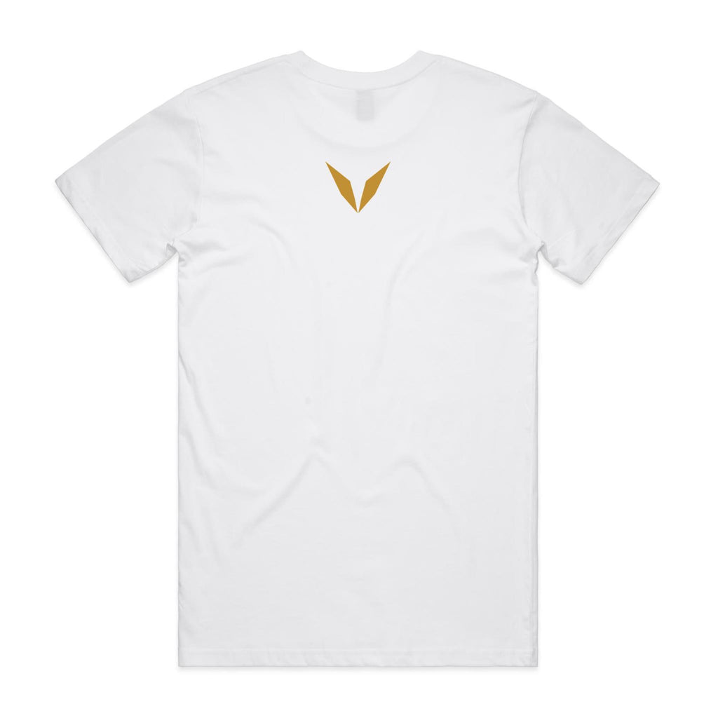 Back of the White Voltare Tailor Surf Raider Fishing tee with a golden Voltare V high on the back