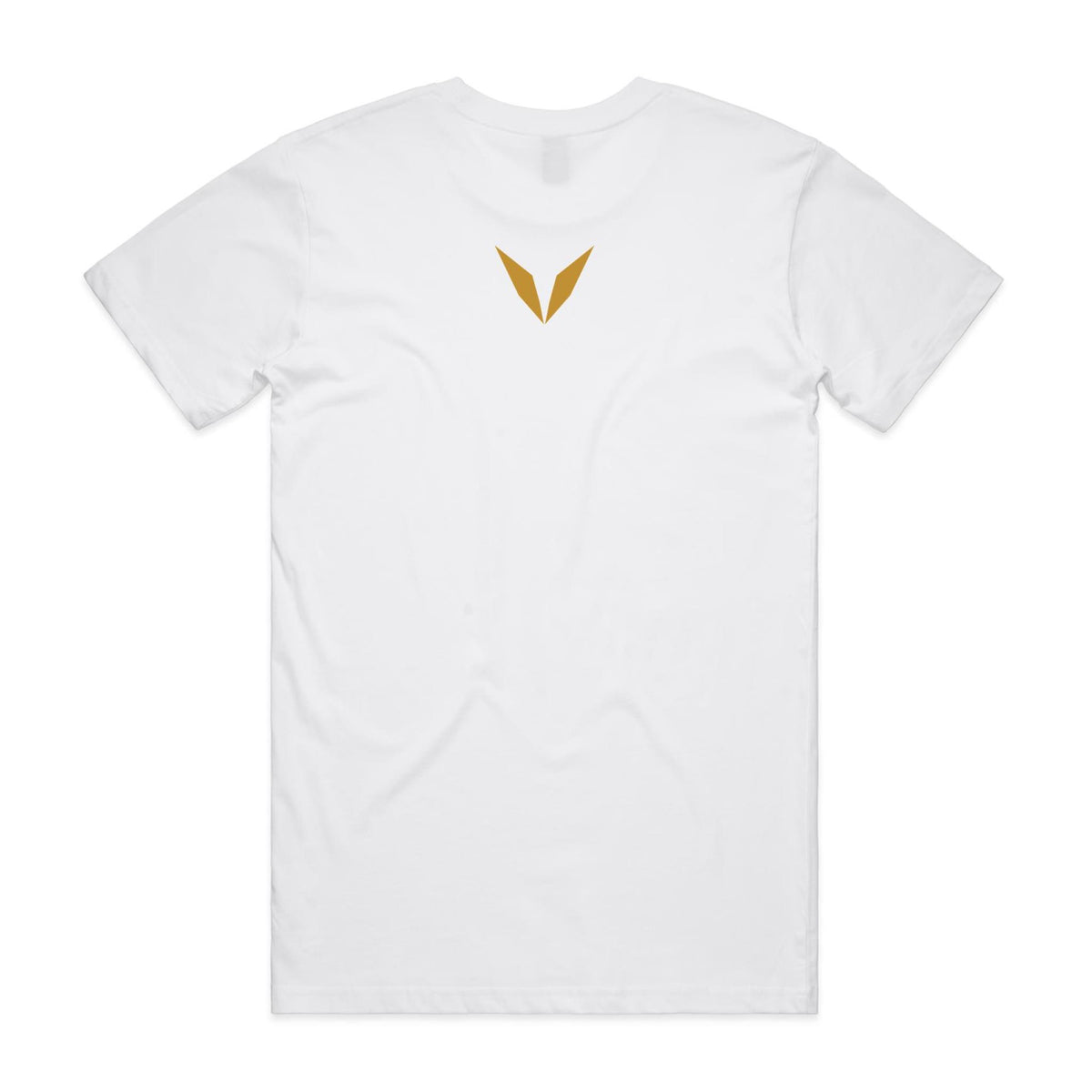 Back of the White Voltare Tailor Surf Raider Fishing tee with a golden Voltare V high on the back