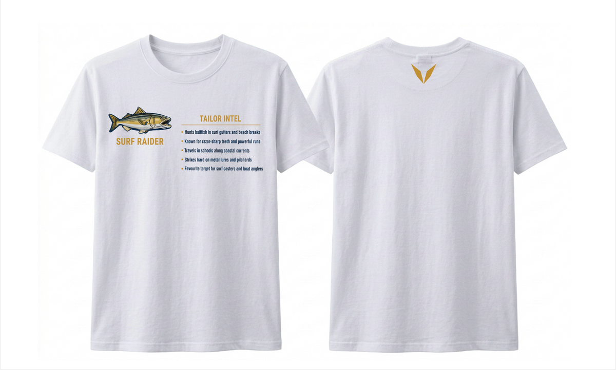 Front and back preview of the White Voltare Tailor Surf Raider Fishing tee with coloured tailor artwork, a fishing fact panel and a golden back V