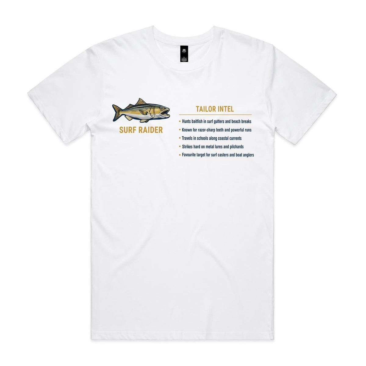 White Voltare Tailor Surf Raider fishing tee featuring a coloured tailor illustration, Surf Raider lettering and a Tailor Intel fishing fact panel
