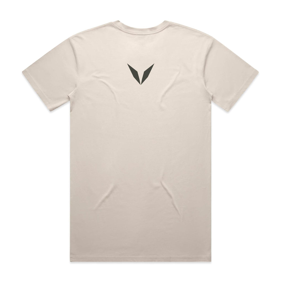 Back view of the Voltare Taj Mahal Marble Dream tee in Bone with a small dark charcoal Voltare V high on the back