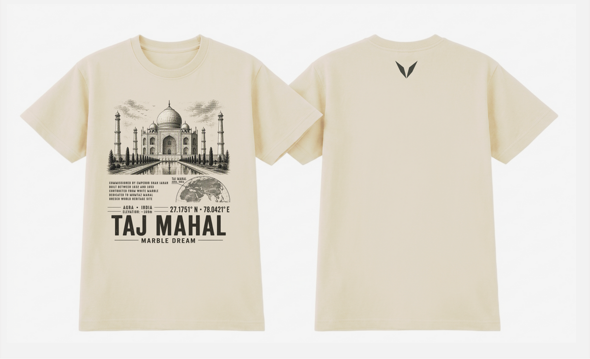 Front and back of the Bone Voltare Taj Mahal Marble Dream tee, showing Taj Mahal artwork above facts, an Agra map, coordinates and landmark lettering, with a small dark Voltare V high on the back