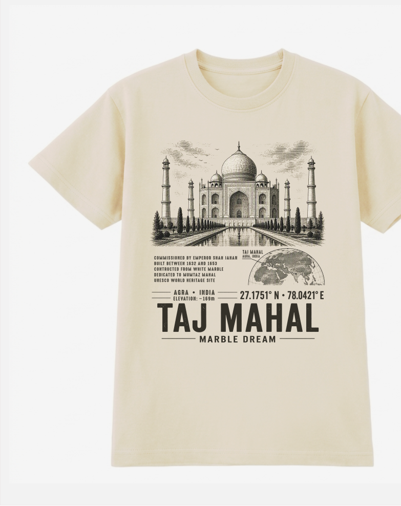 Front of the Bone Voltare Taj Mahal Marble Dream tee, featuring Taj Mahal and reflecting pool artwork above historical facts, an Agra location map, coordinates and Taj Mahal Marble Dream lettering