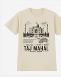 Front of the Bone Voltare Taj Mahal Marble Dream tee, featuring Taj Mahal and reflecting pool artwork above historical facts, an Agra location map, coordinates and Taj Mahal Marble Dream lettering