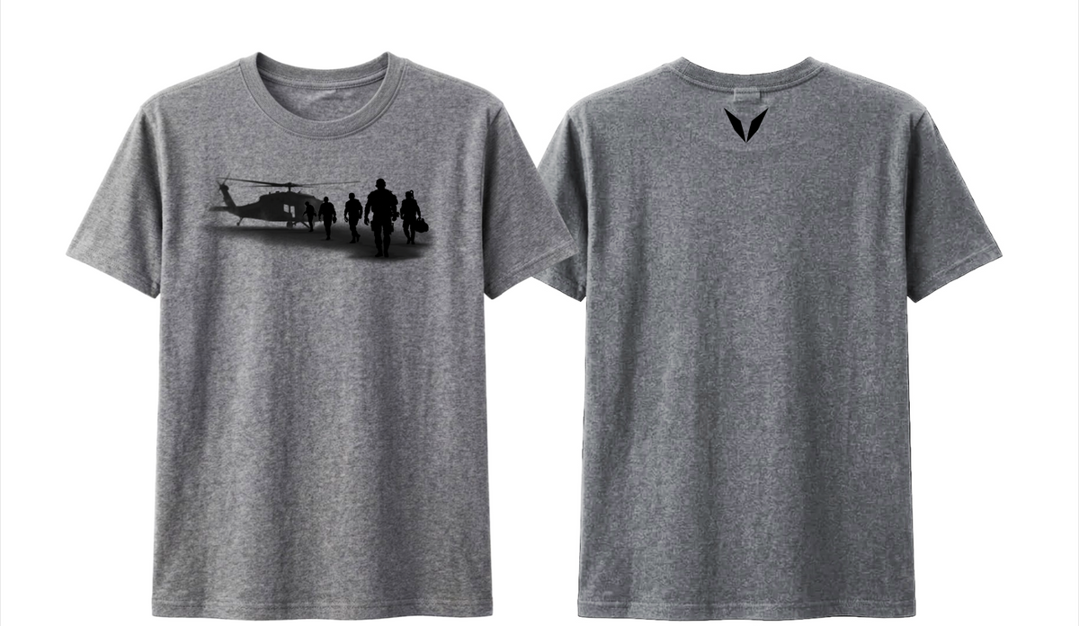 Front and back of the Grey Marle Voltare Team Lift-Off tee with military-style team and helicopter artwork and a black back V