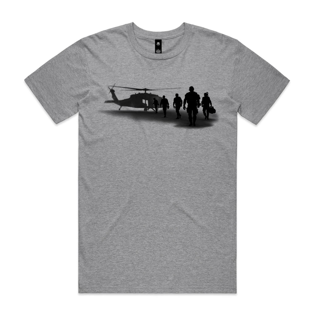 Front of the Grey Marle Voltare Team Lift-Off tee with five military-style figures and kit bags beside a helicopter