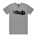 Front of the Grey Marle Voltare Team Lift-Off tee with five military-style figures and kit bags beside a helicopter