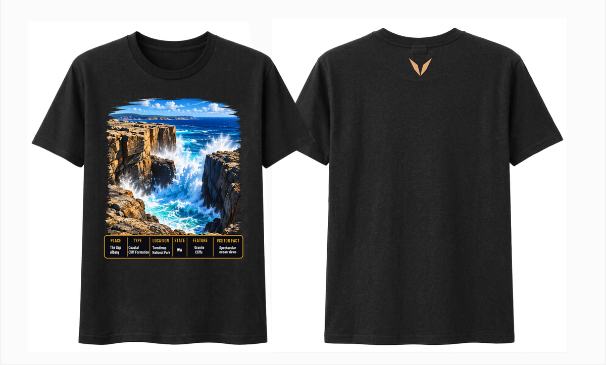 Combined front and back preview of Voltare Black The Gap Albany T-shirt with coastal cliff artwork, a fact panel and tan Voltare V.