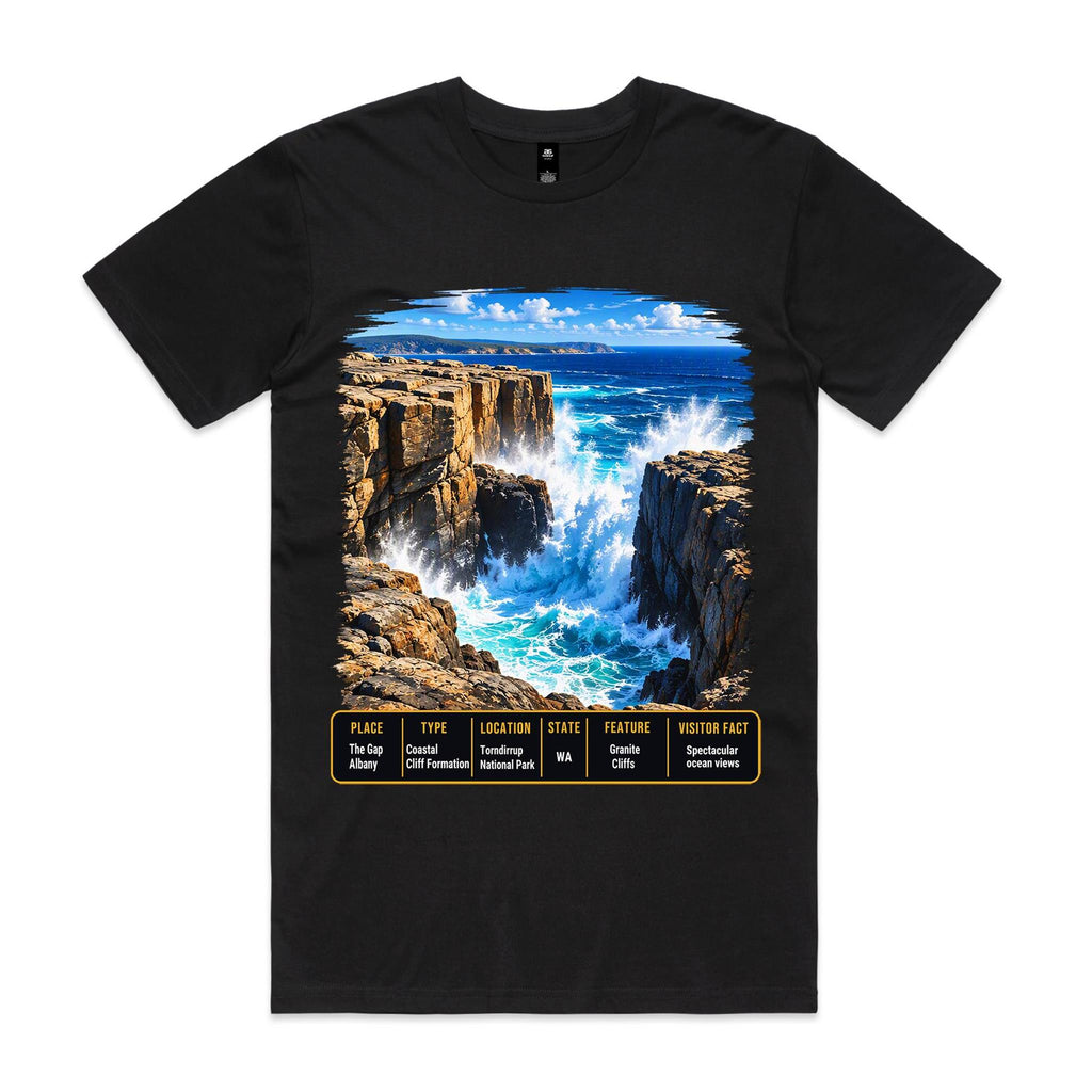 Front of Voltare Black The Gap Albany T-shirt featuring crashing waves, granite cliffs and a Western Australia fact panel.