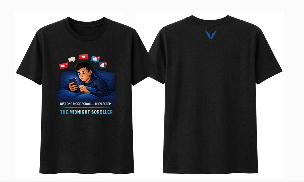 Front and back of Voltare The Midnight Scroller black tee showing phone-scrolling artwork and blue Voltare V back logo