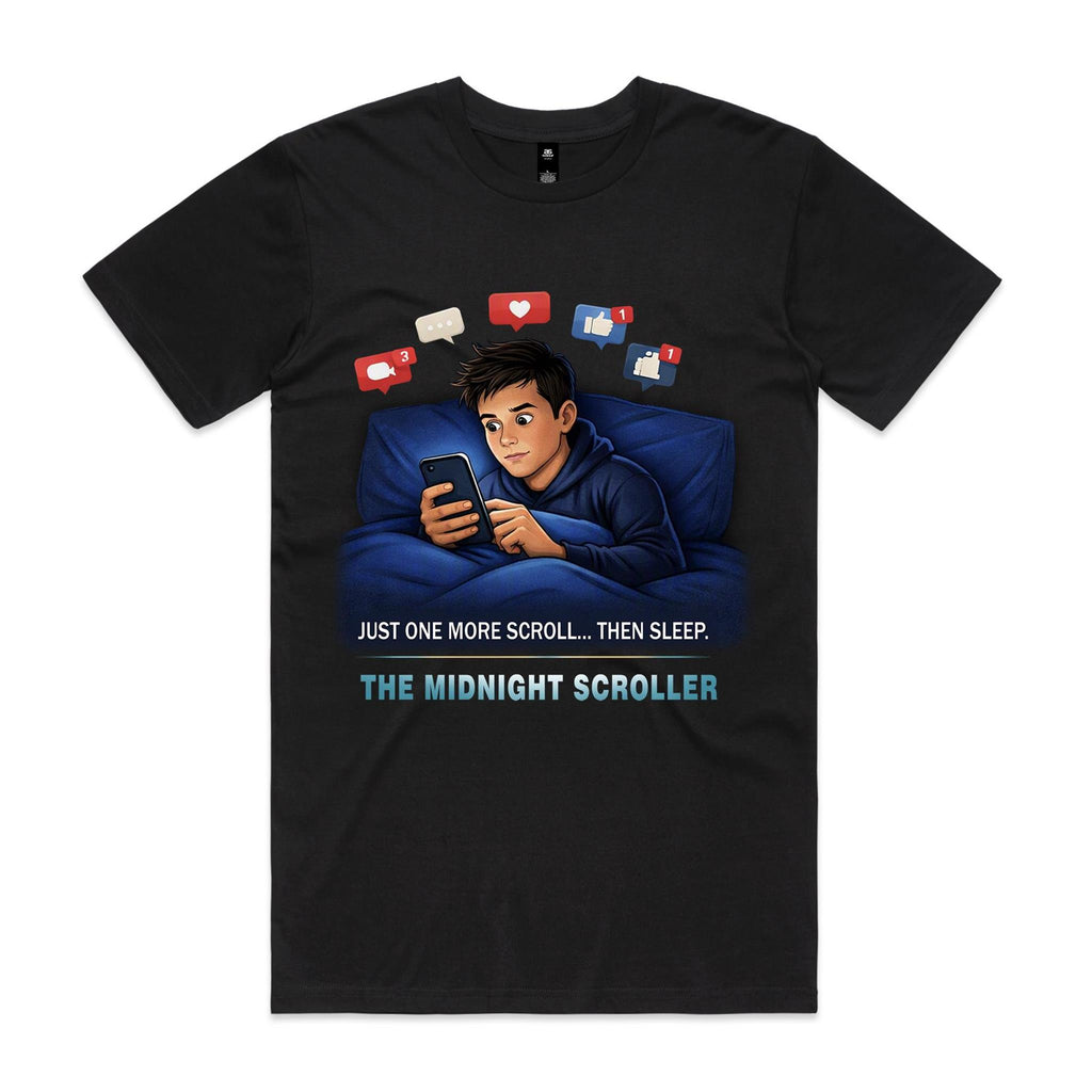 Voltare The Midnight Scroller black tee featuring a late-night phone scroller and Just One More Scroll Then Sleep slogan