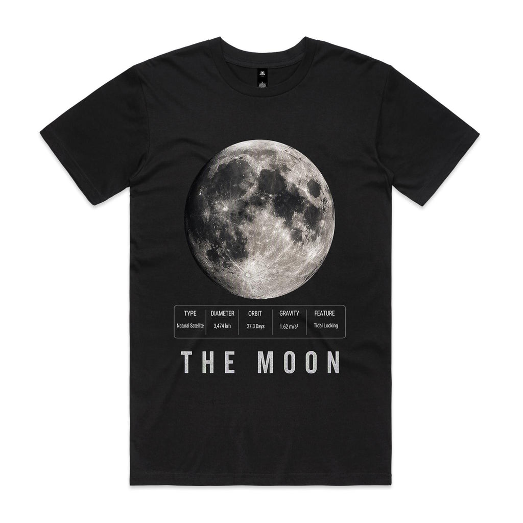 Front of Voltare The Moon black tee with detailed lunar craters, bright crater rays, dark lunar plains, lunar-facts panel and silver-grey lettering
