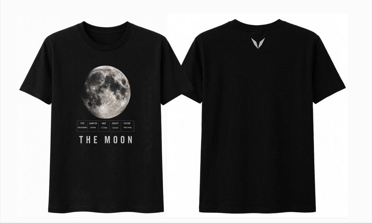 Front and back preview of Voltare The Moon black tee with detailed lunar artwork, lunar-facts panel and silver-grey Voltare V logo