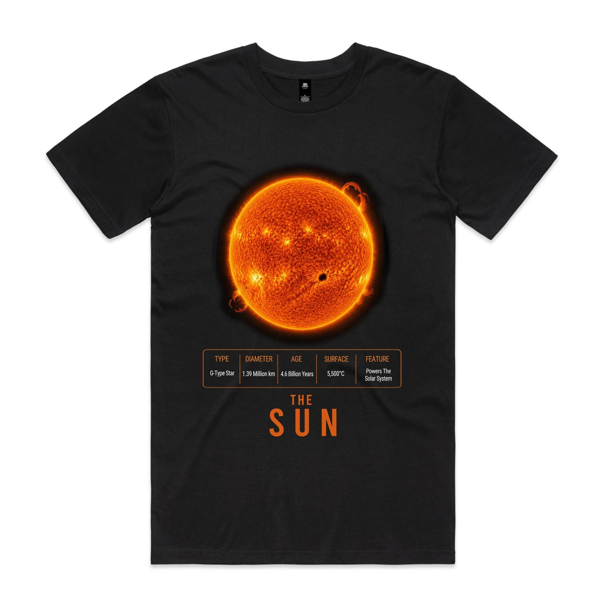 Front of Voltare The Sun black tee with blazing orange solar artwork, sunspots, looping prominences, solar-facts panel and orange lettering