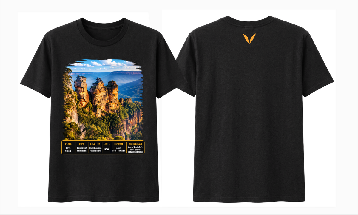Combined front and back preview of Voltare Black Three Sisters T-shirt with Blue Mountains artwork, a fact panel and gold Voltare V.