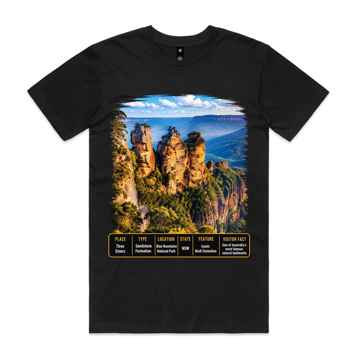 Front of Voltare Black Three Sisters T-shirt featuring golden sandstone towers, forested cliffs, blue valleys and a NSW fact panel.
