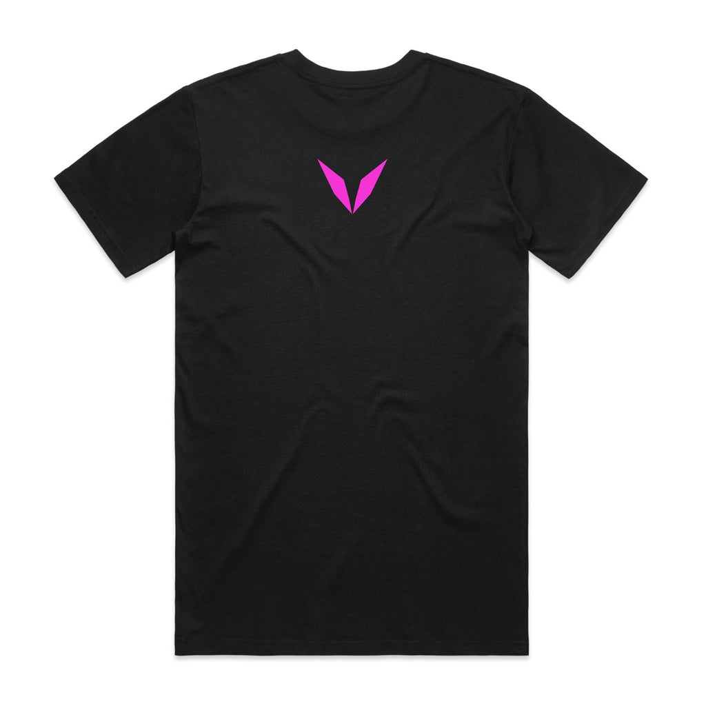Back of Voltare Time Nexus black graphic tee with pink Voltare V on the upper back