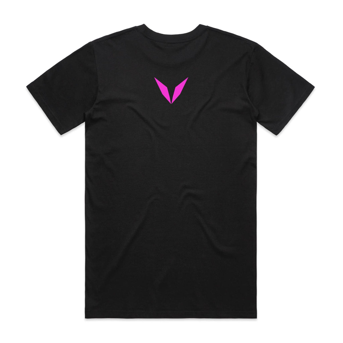 Back of Voltare Time Nexus black graphic tee with pink Voltare V on the upper back