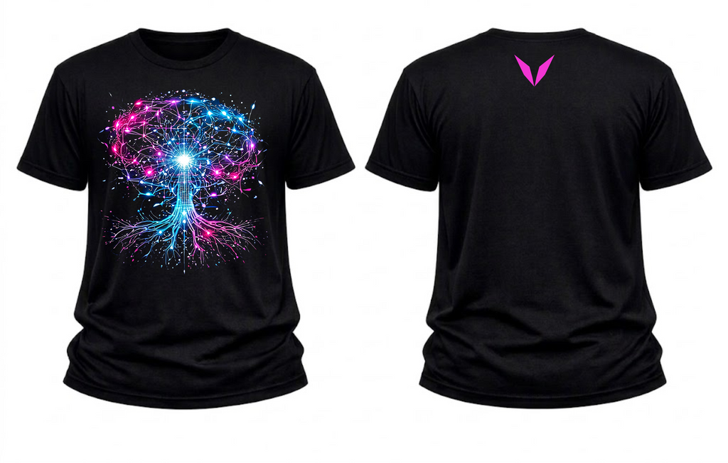 Front and back of Voltare Time Nexus black graphic tee showing blue and pink timeline artwork and pink Voltare V