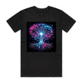 Front of Voltare Time Nexus black graphic tee with electric blue and pink branching timeline artwork