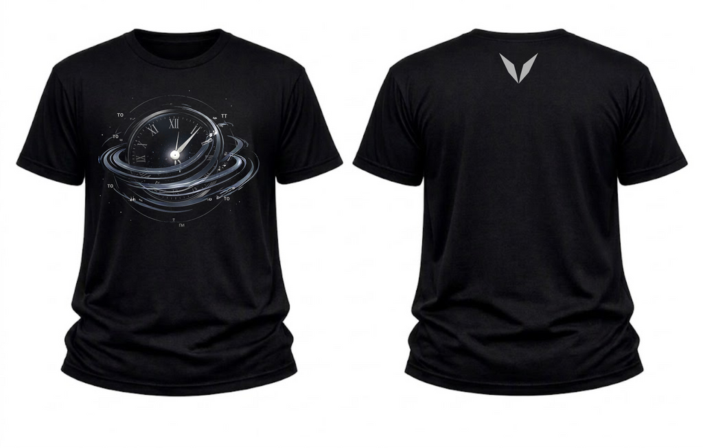 Front and back of Voltare Time Orbit black graphic tee showing orbital clock artwork and grey Voltare V