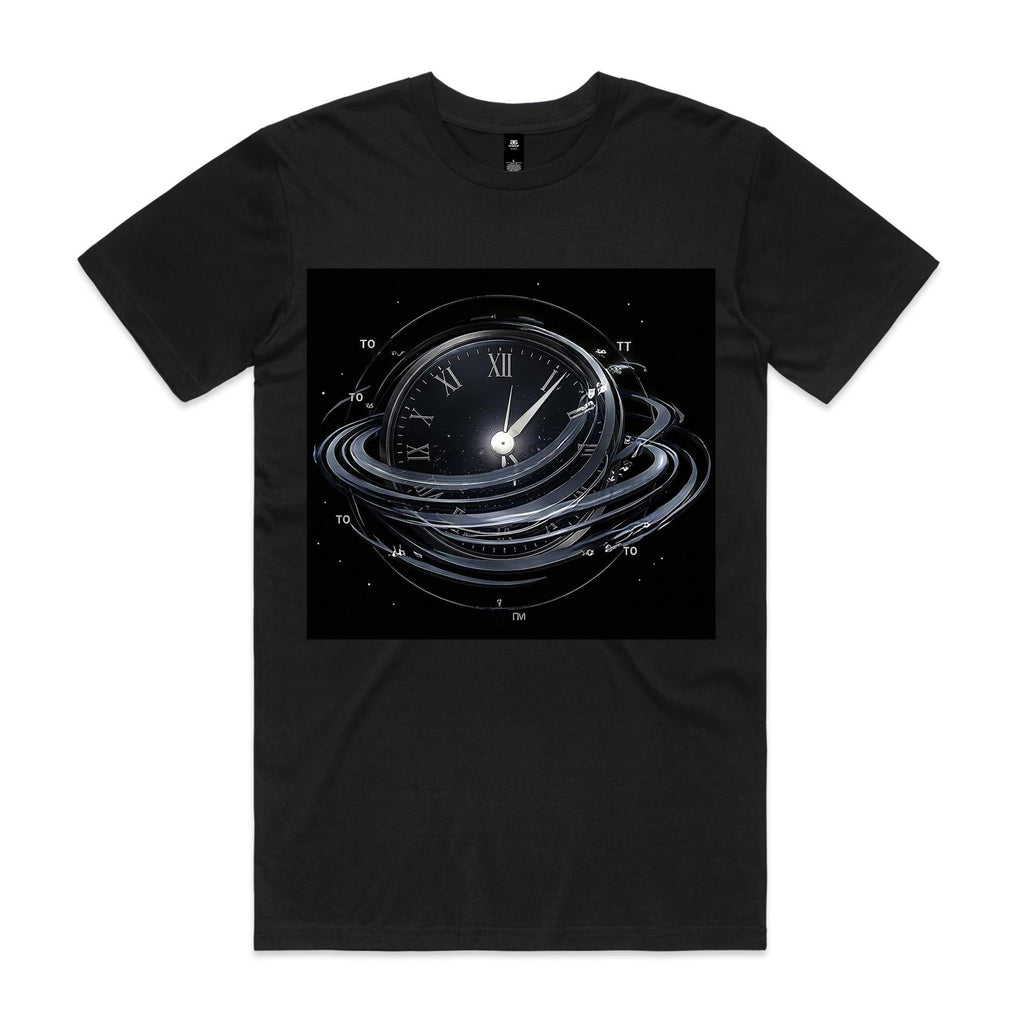 Front of Voltare Time Orbit black graphic tee with Roman-numeral clock and sweeping silver-toned rings