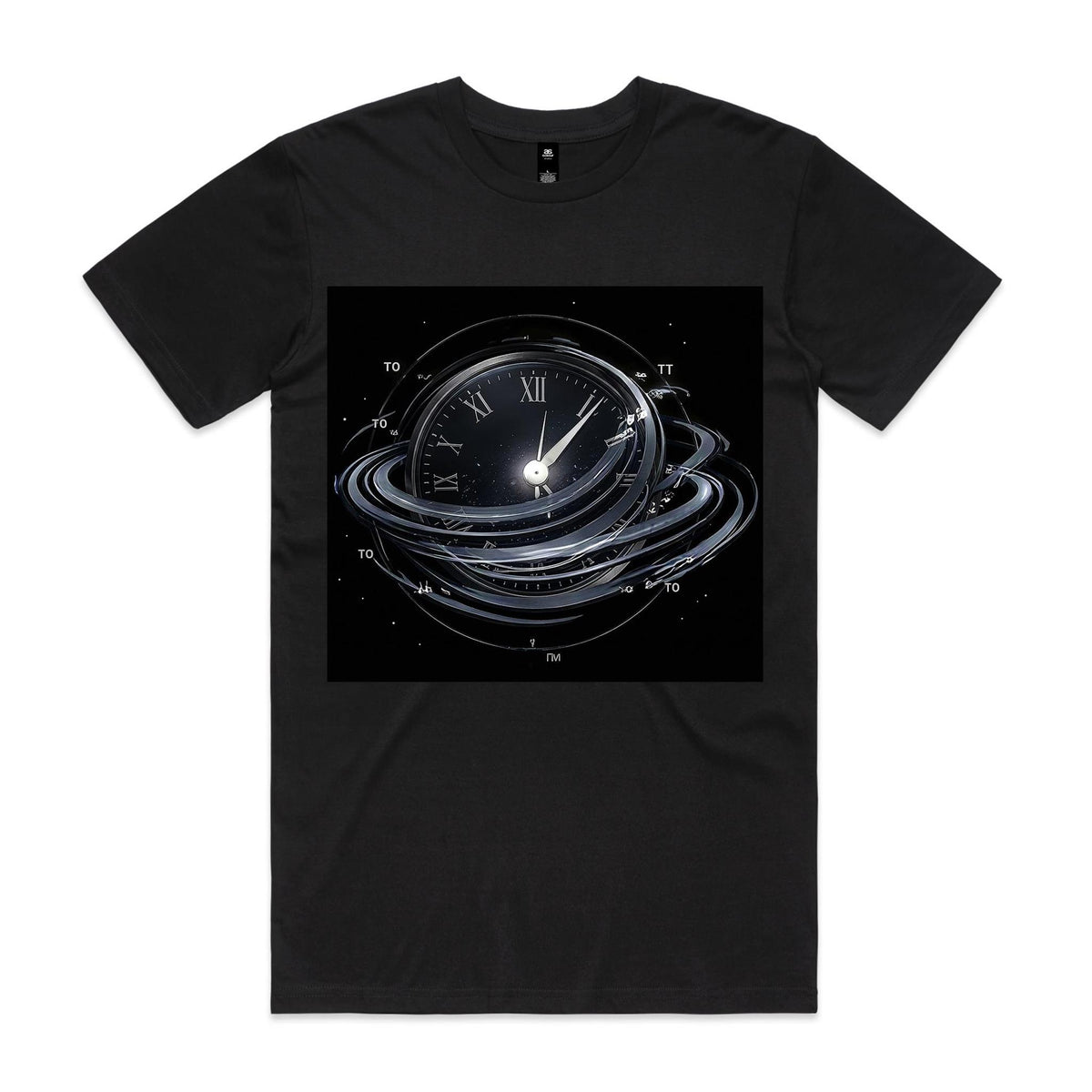 Front of Voltare Time Orbit black graphic tee with Roman-numeral clock and sweeping silver-toned rings