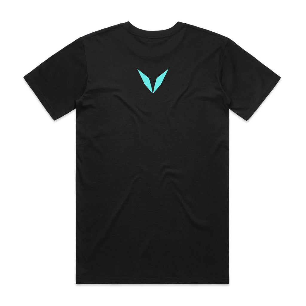 Back of Voltare Timeline Vision black graphic tee with turquoise Voltare V on the upper back