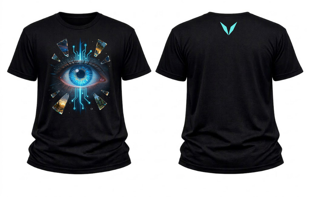 Front and back of Voltare Timeline Vision black graphic tee showing blue eye artwork and turquoise Voltare V