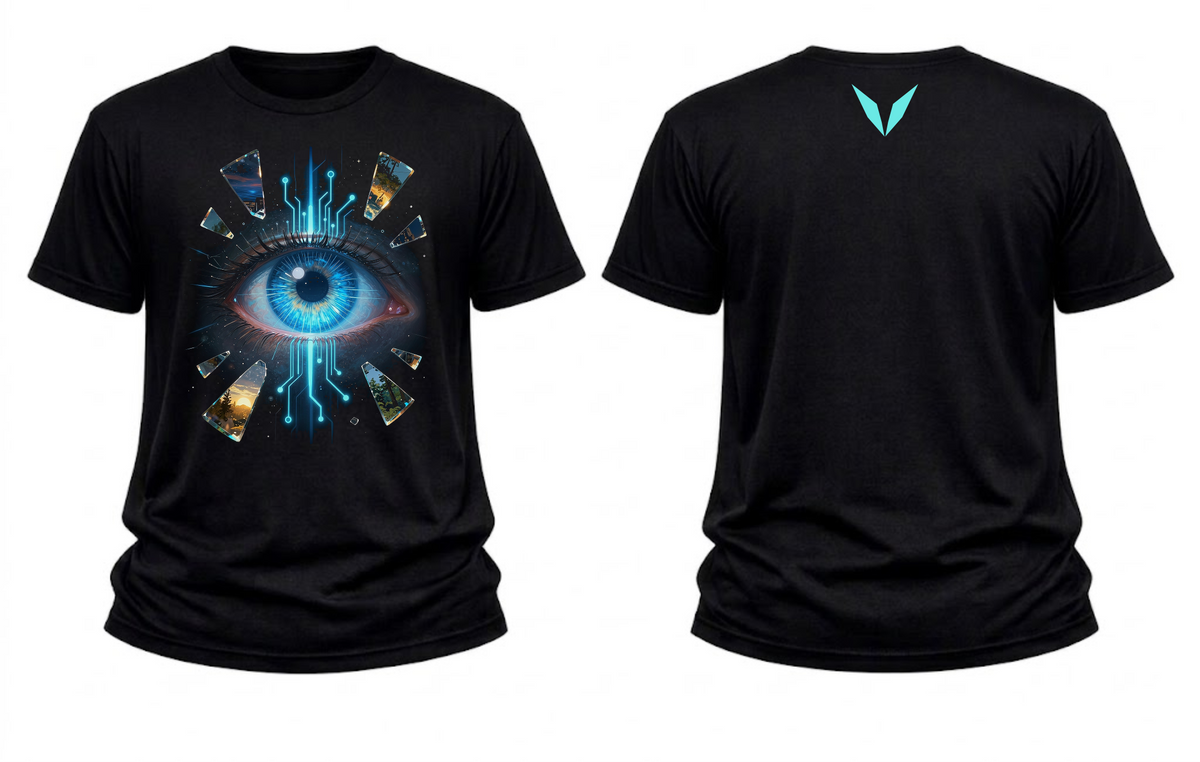 Front and back of Voltare Timeline Vision black graphic tee showing blue eye artwork and turquoise Voltare V