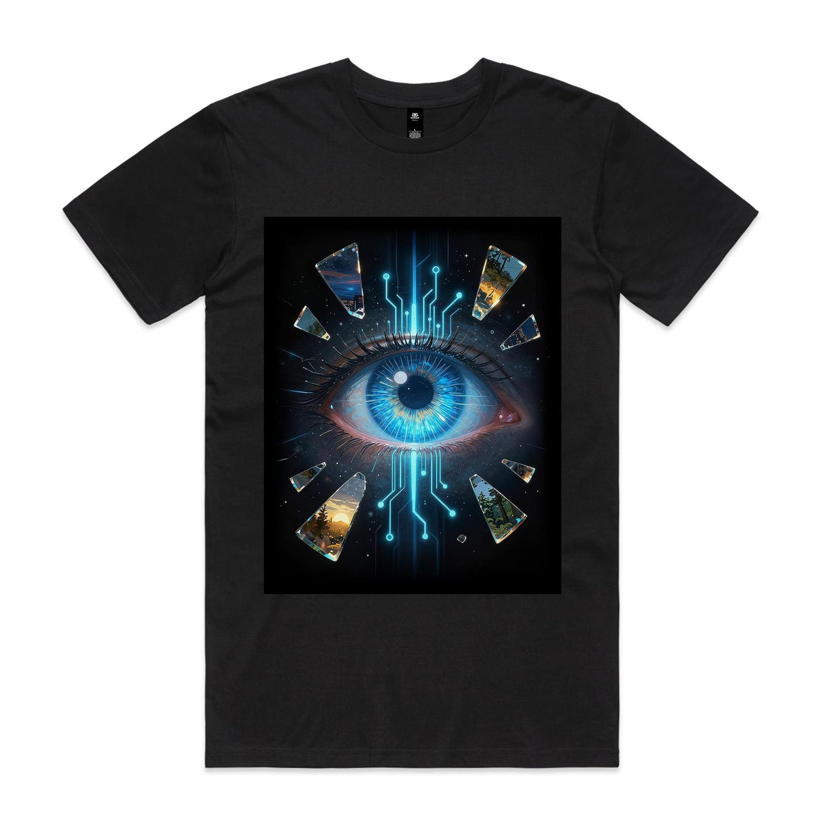 Front of Voltare Timeline Vision black graphic tee with blue eye, cyan circuitry and floating world fragments