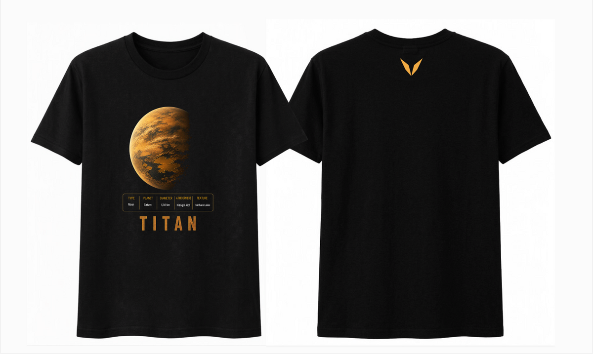 Front and back preview of Voltare Titan black tee with amber moon artwork, moon-facts panel and amber-gold Voltare V logo