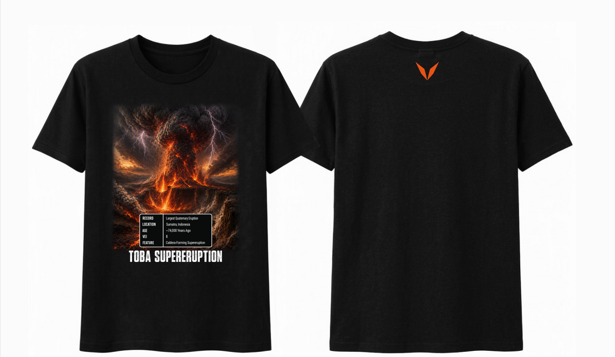 Front and back views of the Voltare Toba Supereruption black tee with fiery volcano artwork and an orange Voltare V