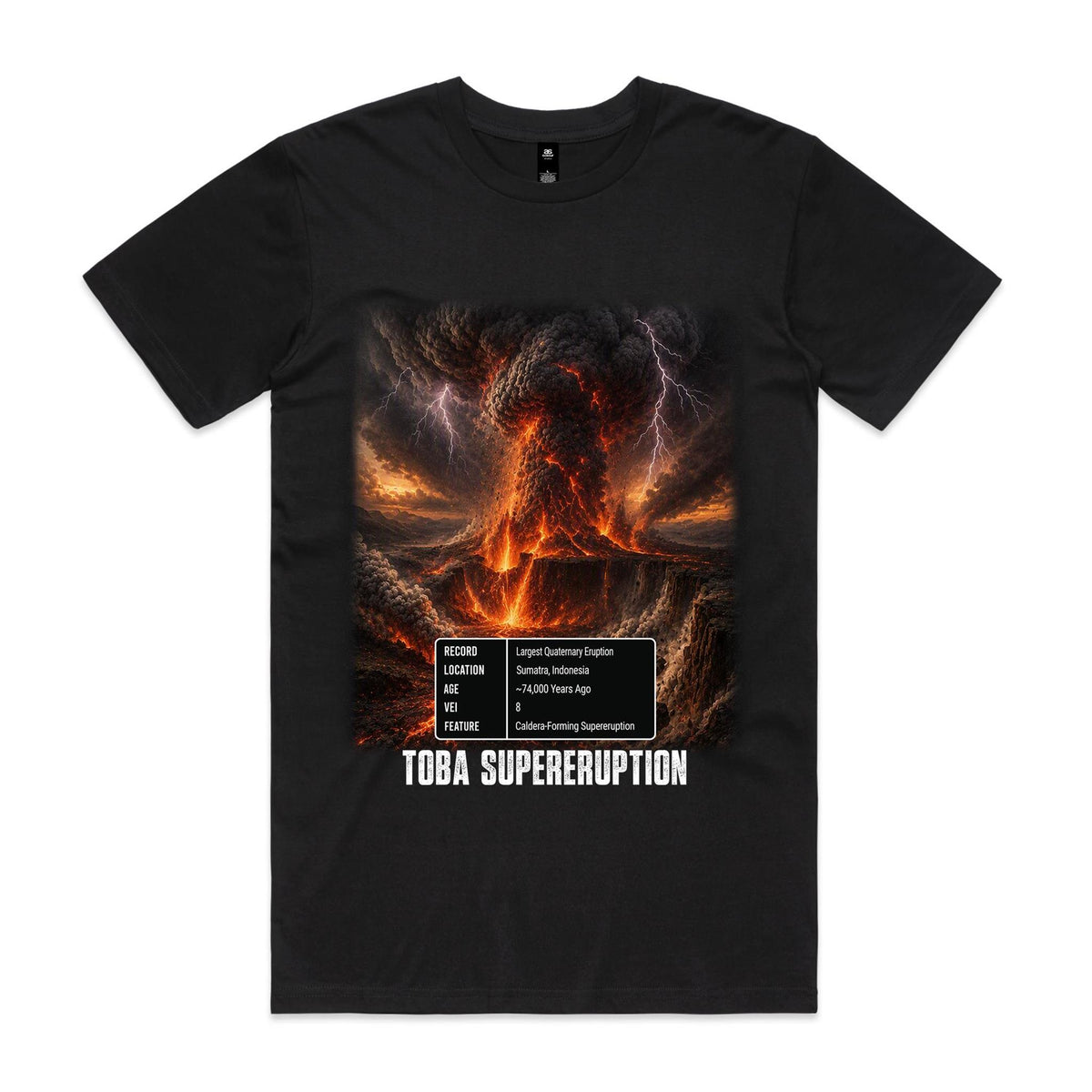 Voltare Toba Supereruption black tee with fiery volcano artwork, ash clouds, lightning, a five-fact panel and TOBA SUPERERUPTION lettering on the front