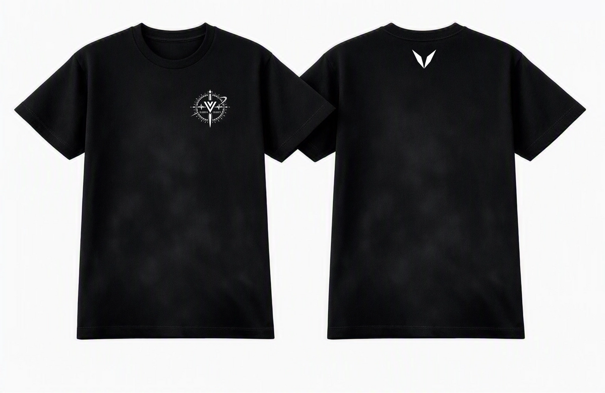 Front and back of Voltare Tokyo Signal black graphic tee showing white left-chest coordinates artwork and white Voltare V