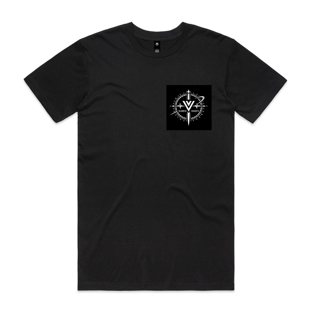 Front of Voltare Tokyo Signal black graphic tee with small white coordinates and compass-inspired artwork on the left chest