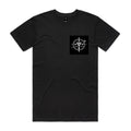Front of Voltare Tokyo Signal black graphic tee with small white coordinates and compass-inspired artwork on the left chest
