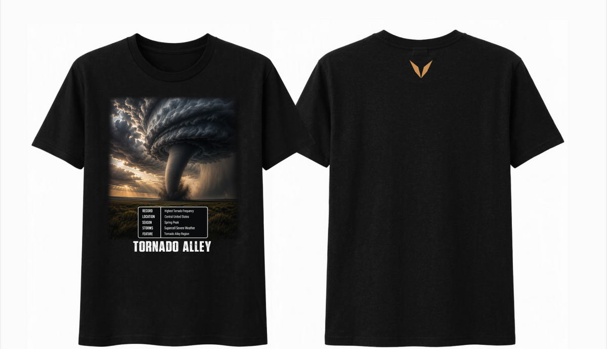 Front and back views of the Voltare Tornado Alley black tee with tornado artwork and a gold Voltare V