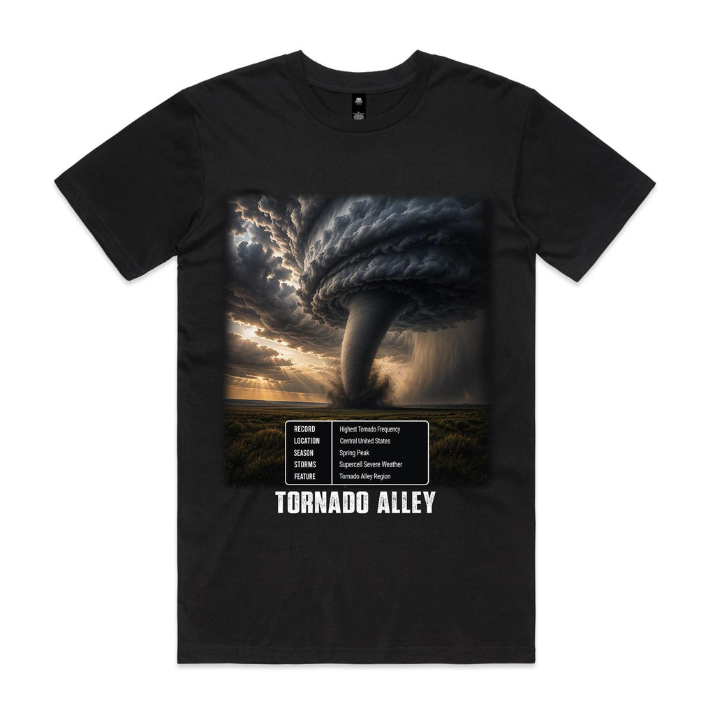 Voltare Tornado Alley black tee with tornado artwork, swirling storm clouds, a five-fact panel and TORNADO ALLEY lettering on the front