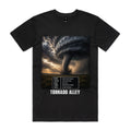 Voltare Tornado Alley black tee with tornado artwork, swirling storm clouds, a five-fact panel and TORNADO ALLEY lettering on the front