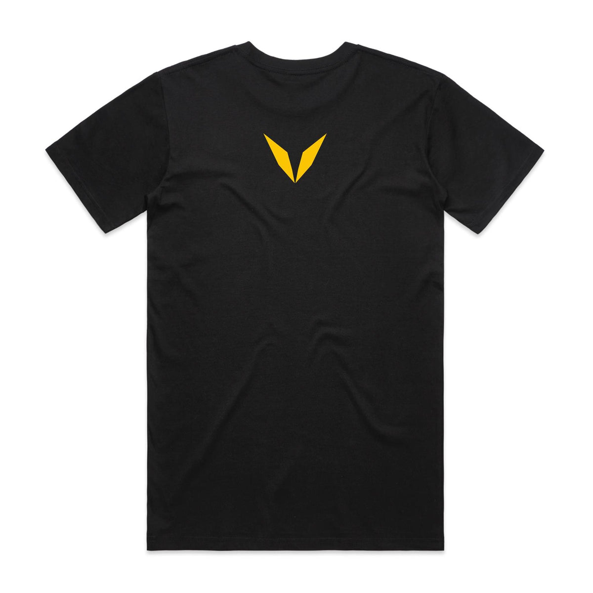 Back of the black Voltare Toucan Colour Heroes Worldwide T-shirt with a small yellow Voltare V logo at the upper back.